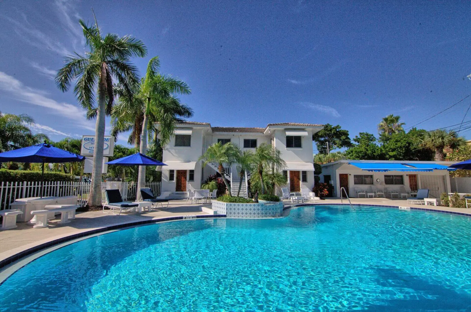 A large pool with palm trees in the background.